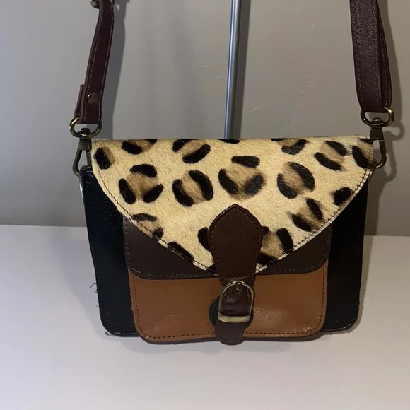 Leopard Hide and Leather Crossbody Satchel Purse - Picture 2 of 12